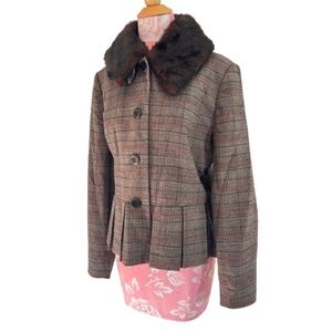 Vintage 90s Jerry Lewis Women Faux Fur Button Jacket Size 14 Retro Plaid Blazer